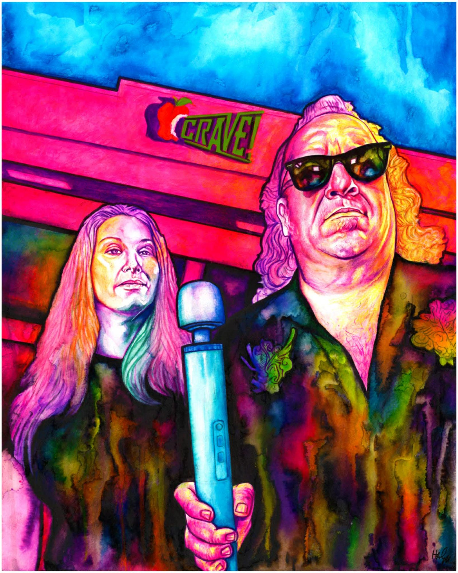 Colorful illustration of two figures in front of the CRAVE Romance Boutique, featuring vibrant hues, one holding a microphone, showcasing the boutique's inclusive and empowering spirit.