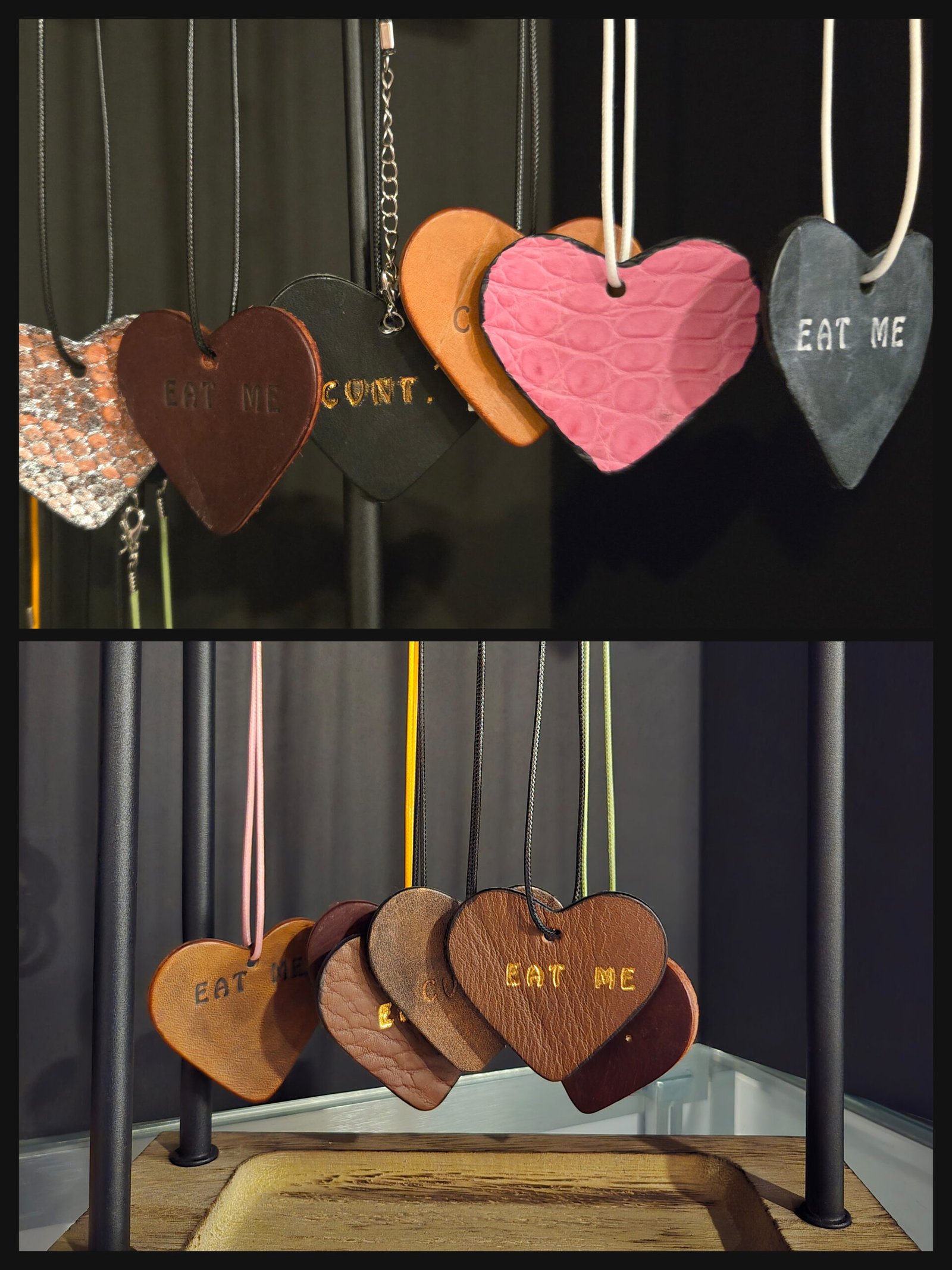 Leather heart-shaped pendants with playful phrases, showcasing artisan craftsmanship and unique designs, displayed on a stand.