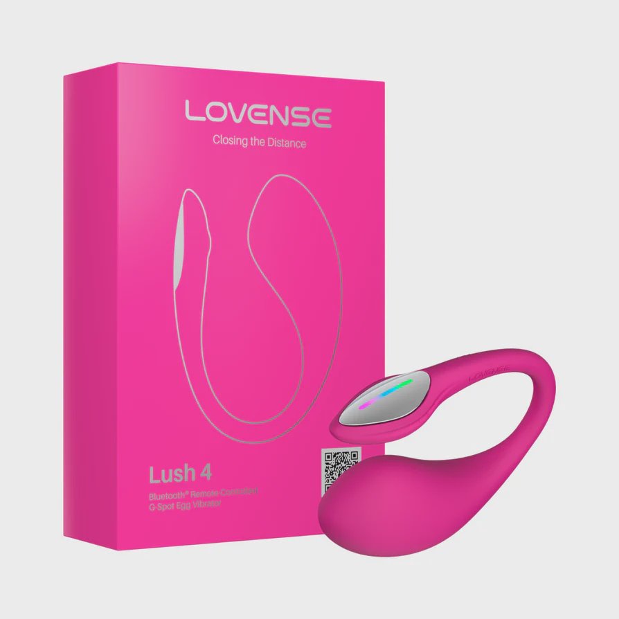Lovense Lush 4 app-connected G-spot vibrator in pink packaging, featuring Bluetooth capabilities and remote control for long-distance play.