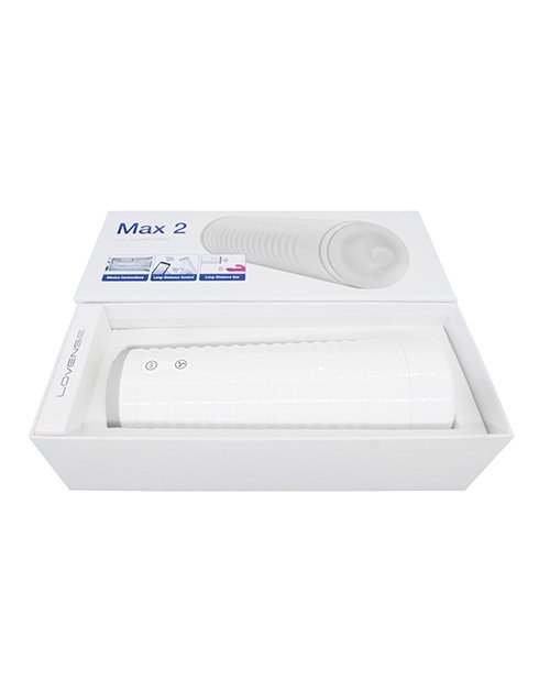 Lovense Max 2 automatic stroker in packaging, showcasing motorized pacing and app control features, emphasizing advanced male pleasure technology.